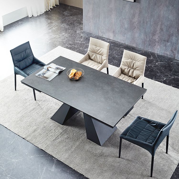 Rectangle Traditional Luxury Dining Table Grey Sintered Stone Table with Black Double Pedestal