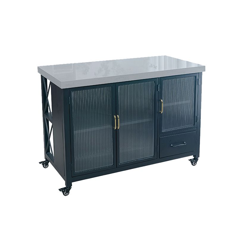 Faux Marble Rectangle Kitchen Island Cart with Glass Storage Cabinet