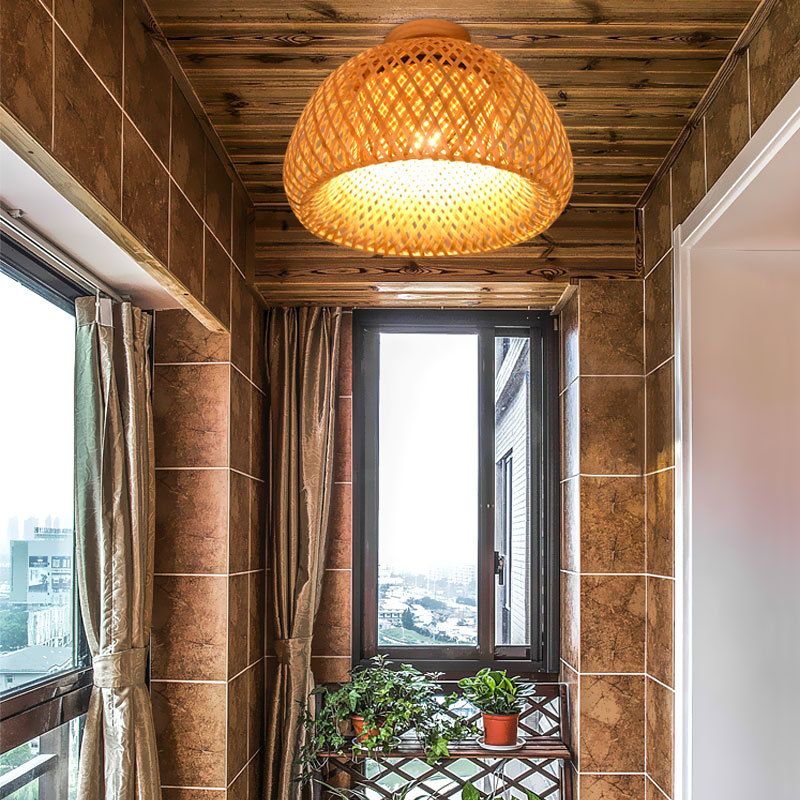 Asian Style Handmade Bamboo Weaving Ceiling Light 1 Head Wooden Ceiling Lamp for Restaurant