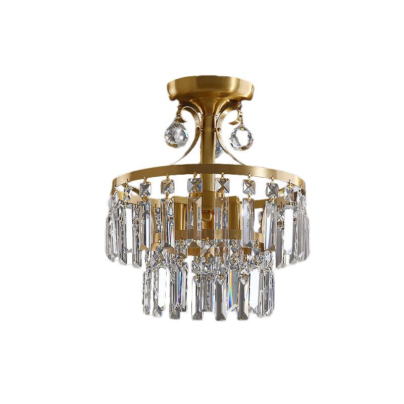 Postmodern a 2 strati tamburi a filo 3 luci prisma cristallino vicino all'illuminazione del soffitto in ottone