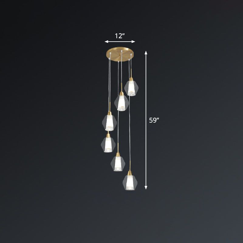 Clear Handblown Glass Shaded Multi Ceiling Light Nordic Style Gold Suspension Lighting for Staircase