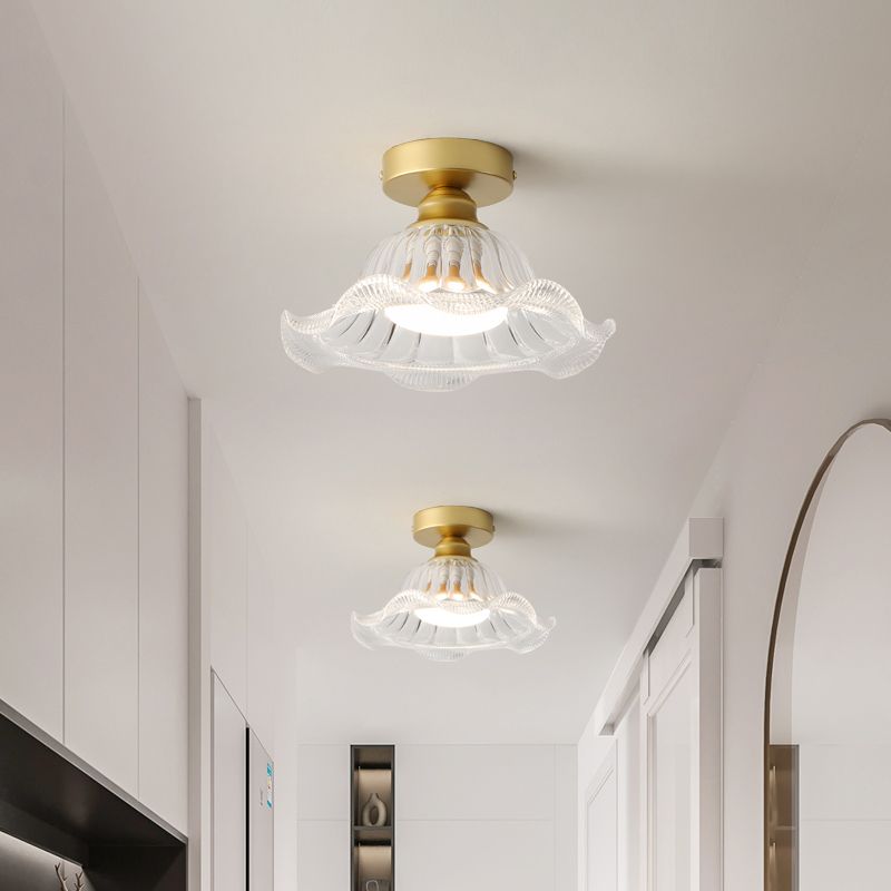 Glass Flower Ceiling Mounted Fixture Simplicity Gold Semi Flush Light