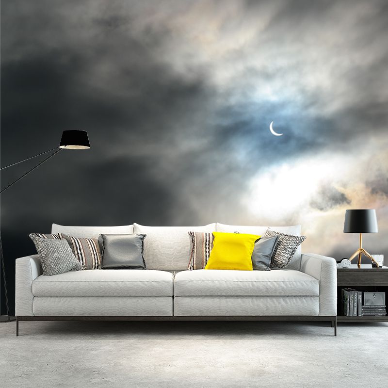 Modernist Crescent Moon Mural Grey and White Cloudy Sky Wall Decor for Living Room