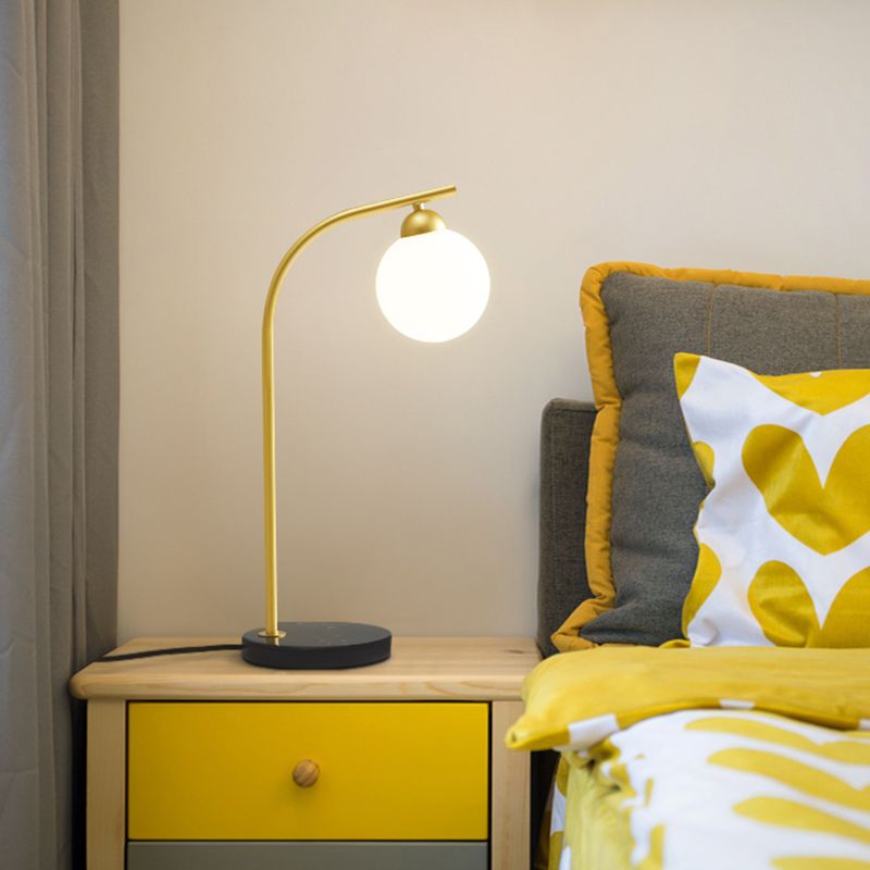 Minimalist Ball Shade Table Light Ivory Glass 1 Head Bedside Night Lam with Black/Gold Bended Stand