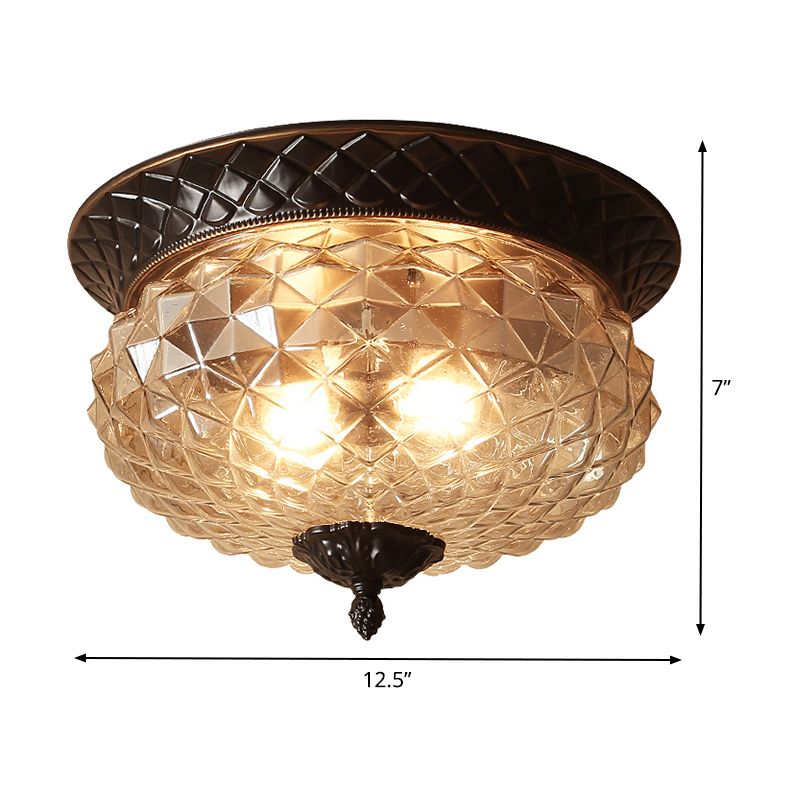 Lámpara de techo empotrada en cuenco industrial, vidrio prismático transparente, 2 luces, luz empotrada para vestíbulo en negro