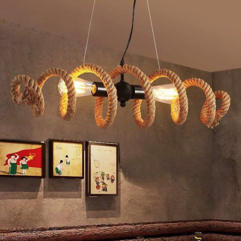 Vintage Hemp Rope Chandelier Indsutrial Retro 2 Light Linear Island Lamp for Restaurant