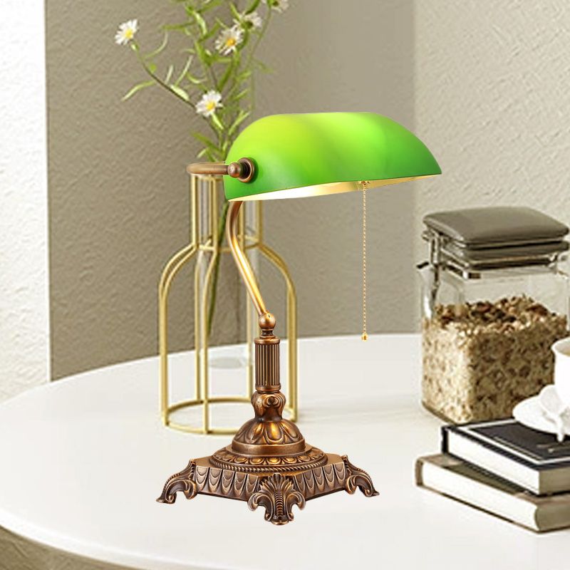 1 Light Rollover Shade Metal Night Light Country Green Glass Nightstand Lamp with Pull Chain for Bedroom