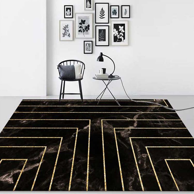 Black Marble Surface Pattern Area Rug with Stripe Polyester Modern Rug Washable Anti-Slip Backing Rug for Decoration
