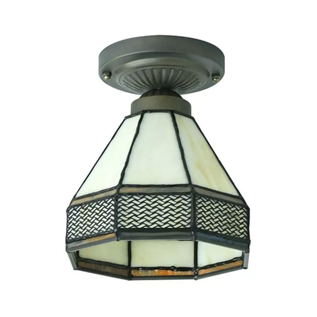Stained Glass Ceiling Light Fixture, Mini Semi Flush Light in Antique Brass Mission Style, 7" High x 6.5" in Diameter