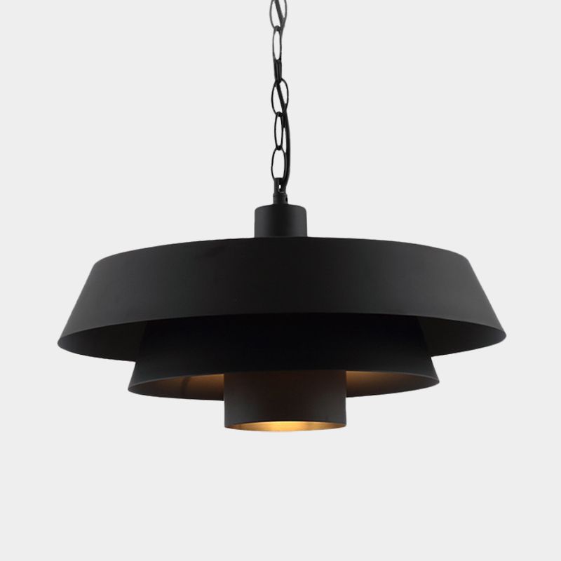 2-Layer Pan Restaurant Pendant Vintage Iron 1 Head Black Finish Ceiling Hang Fixture