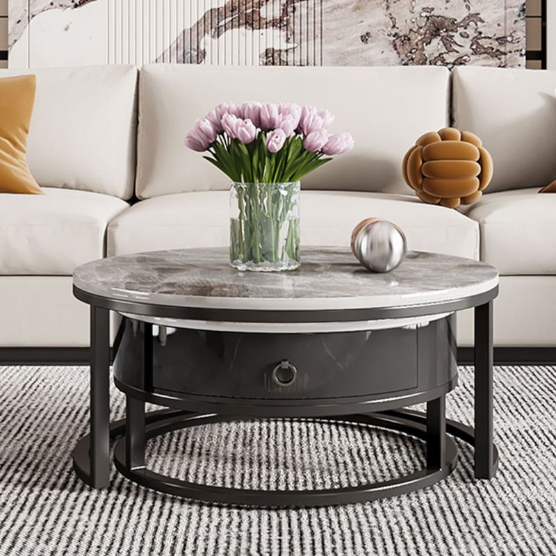 Slate Round Frame Coffee Table Modern Nesting Coffee Table Set with Drawer