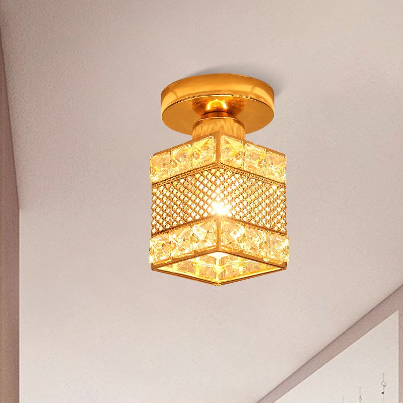 1 Head Balcony Semi Mount Lighting Modern Gold Close to Ceiling Lighting with Globe/Square/Lantern Clear Crystal Shade