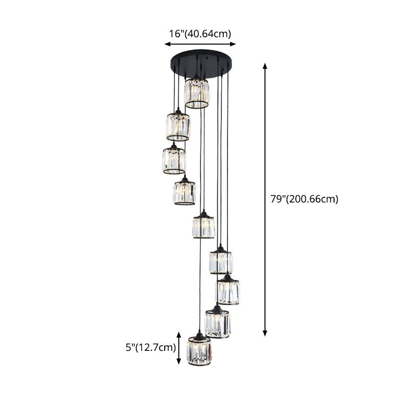 Cilindrische gesuspendeerde verlichtingsarmatuur Minimalistische kristallen trappenhangend plafondlicht in zwart