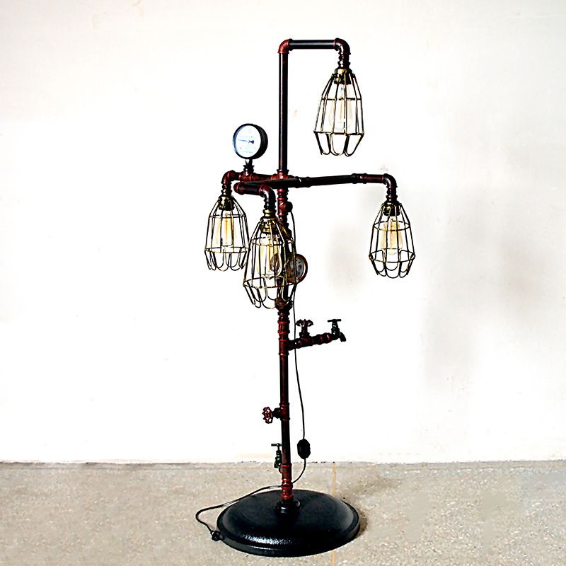 Lámpara de tono de jaula de metal lámpara Steampunk 4 Bulbos Lucina en el piso de la sala de estar con enchufe en el acabado de óxido