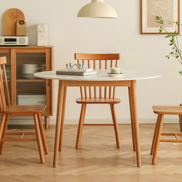Contemporary Round Dining Table White Sintered Stone Table with 4 Cherry Wood Legs