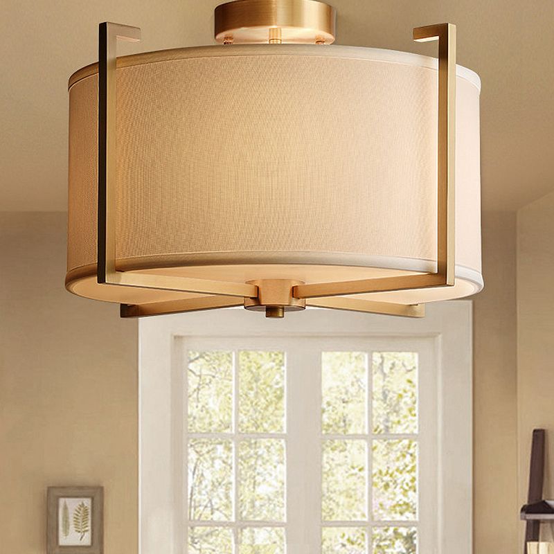 White Drum Semi Flush Mount Classic Fabric 4 Lights Living Room Ceiling Light Fixture with Iron Frame