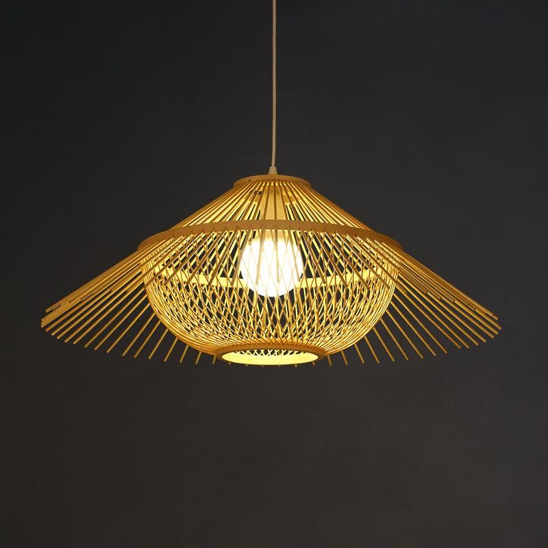 Lámpara de techo de 1 cabeza de techo Asia accesorio de iluminación colgante amarillo con sombra cónica de bambú