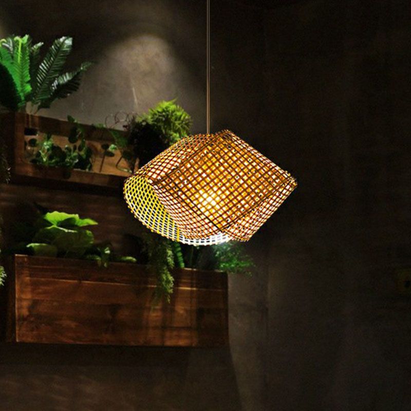 Twisted Bamboo Ceiling Light Asian Style 1 Bulb Wood Hanging Light Fixture for Restaurant