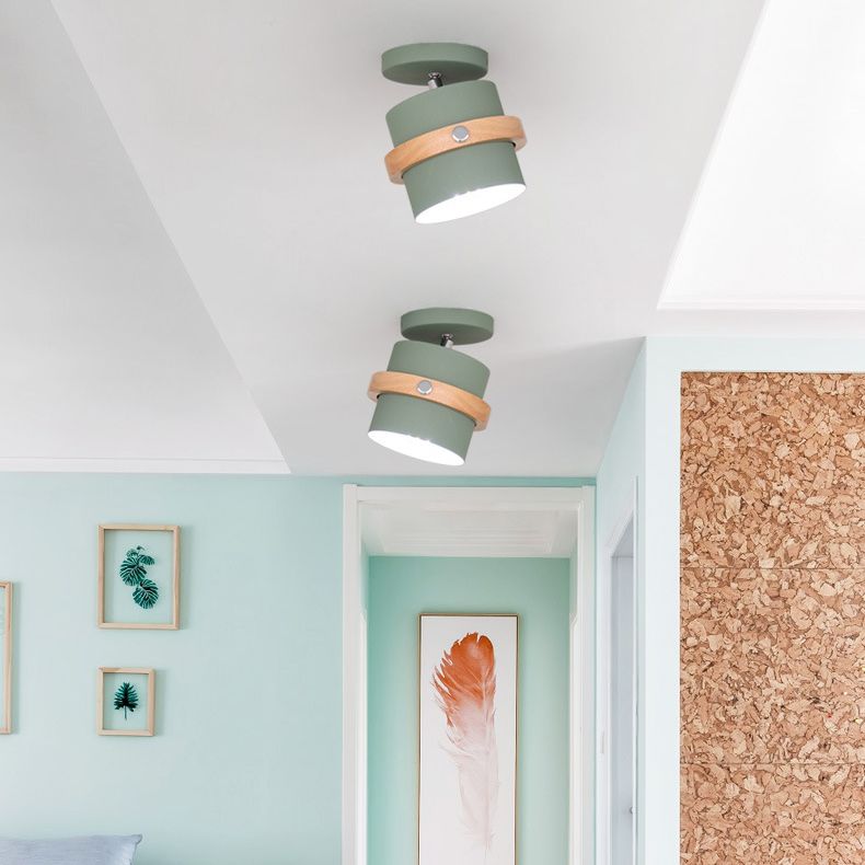 Modern Artistic Ceiling Light Wooden Geometric Semi Flush Mount with Wrought Iron Shade