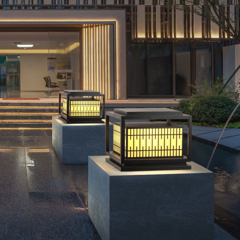Rectangular Shape Metal Waterproof Pillar Lamp Modern 1 Light Outdoor Lights in Black