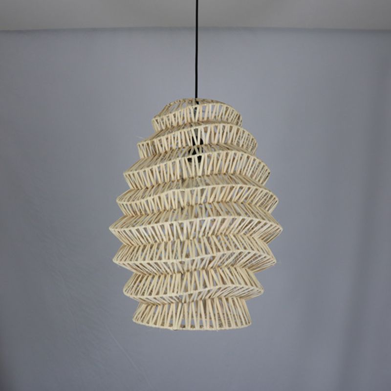 Rural Woven Lantern Pendulum Light Bamboo 1-Head Tea Room Hanging Lamp Kit in Beige