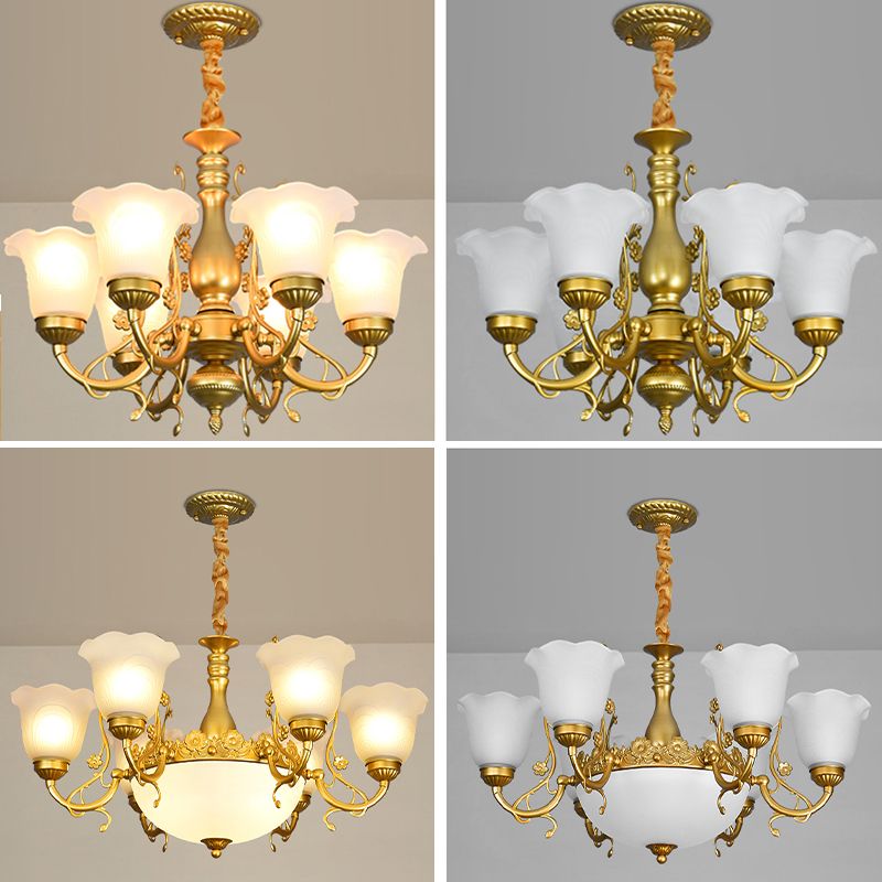 Flower Chandelier Lighting Fixtures Traditional Multi-Head Suspension Light with White Glass Shade