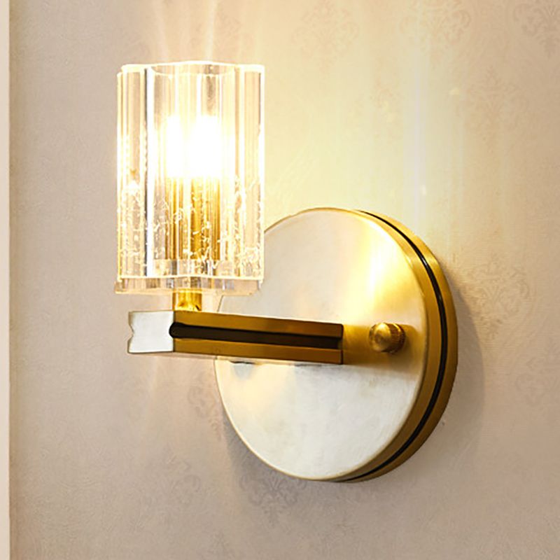 Prismatic Crystal Cylinder Sconce Light Contemporary 1 Light Wall Mount Light in Brass