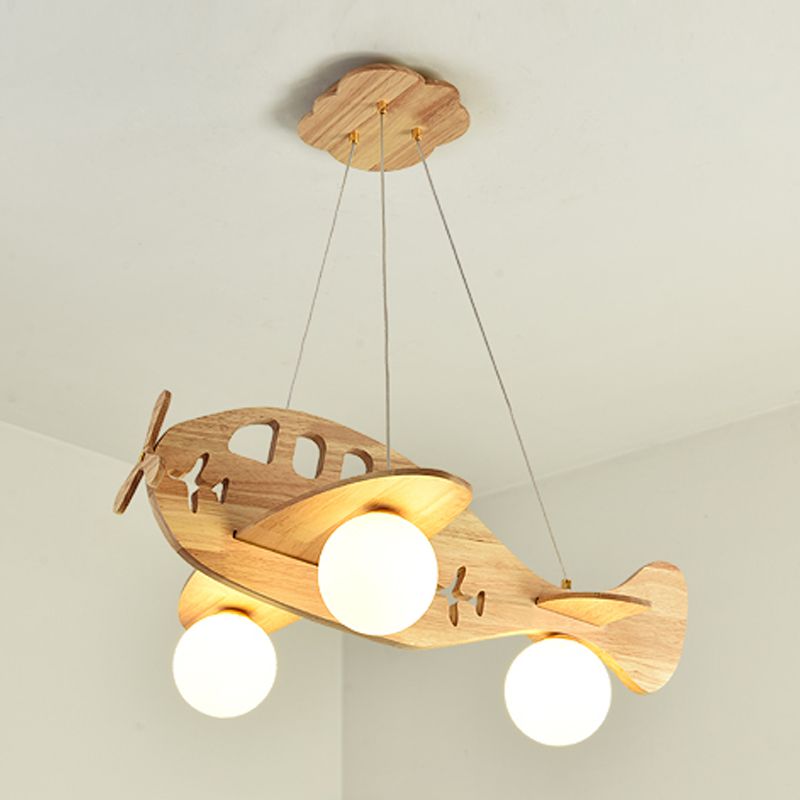 Modern Artistic Airplane Chandelier Wooden Indoor Hanging Lamp with White Glass Shade
