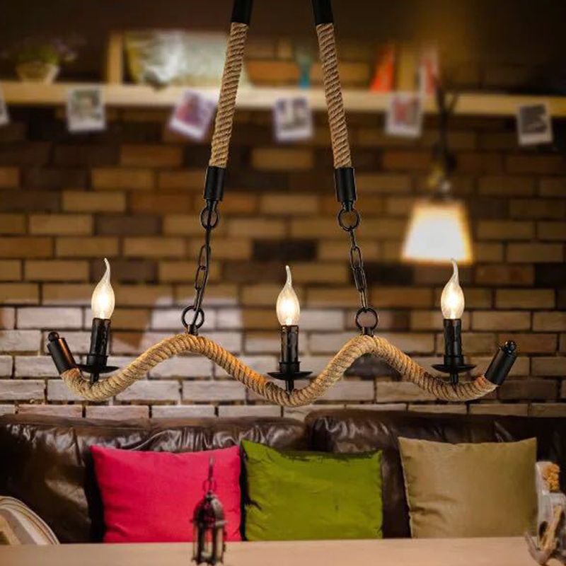 Rope Twisting Island Light Fixture Factory 3 Bulbs Restaurant Pendant Lighting with Candle Design in Black