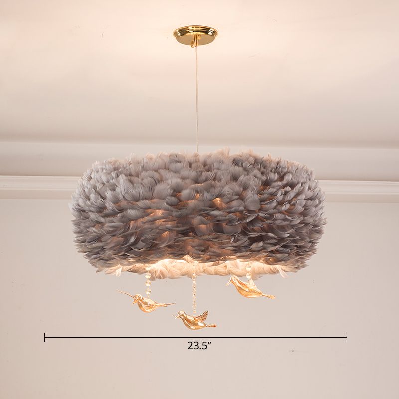 Feather Nest Shaped Chandelier Minimalism Pendant Light Fixture with Crystal Bird Decor
