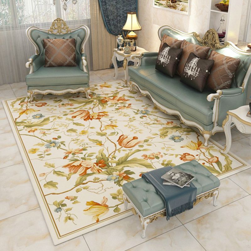 Yellow Tone Modern Indoor Rug Polyester Plants Print Carpet Non-Slip Backing Rug for Home Decoration