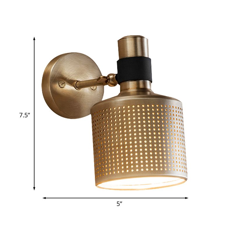 Cylinder Bedroom Wall Lamp Fixture Metal 1 Bulb Gold Sconce Wall Light with Cutout Design