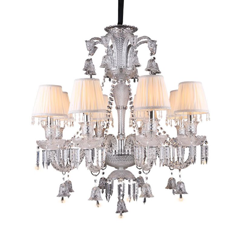 Pleated Shade Fabric Chandelier Antique 8-Bulb Living Room Pendant in White with Curvy Glass Arm and Crystal Drop