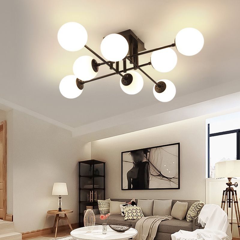 Modern Style Milk Glass Semi Flush Ceiling Chandelier Fixtures Multi Lights Globe Semi Flush Light