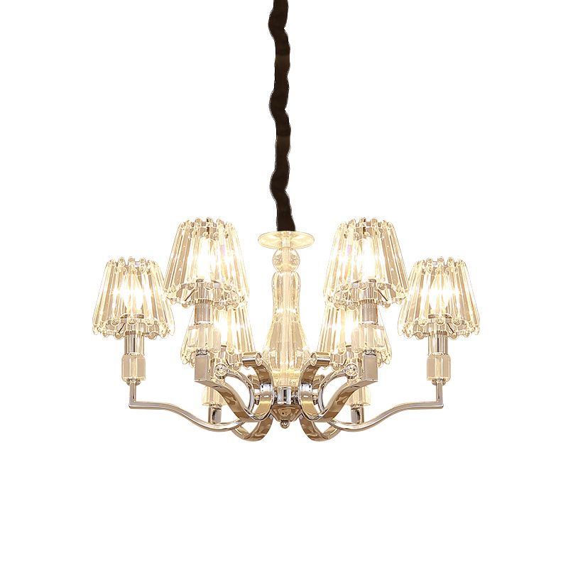 Chrome 6-licht naar beneden verlichting hanger moderne kristallen taps toelopende schaduw kroonluchter voor woonkamer
