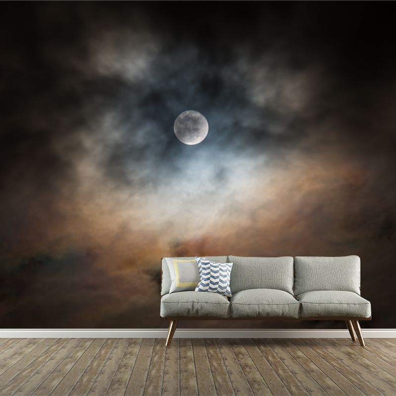 Full Moon Behind Clouds Mural Black-Yellow Modern Style Wall Art for Living Room