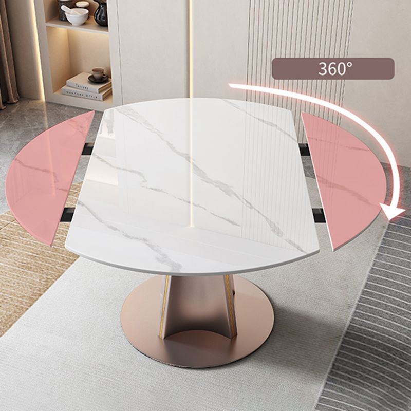 Modern White Round Extendable Dining Table with Metal Pedestal Base