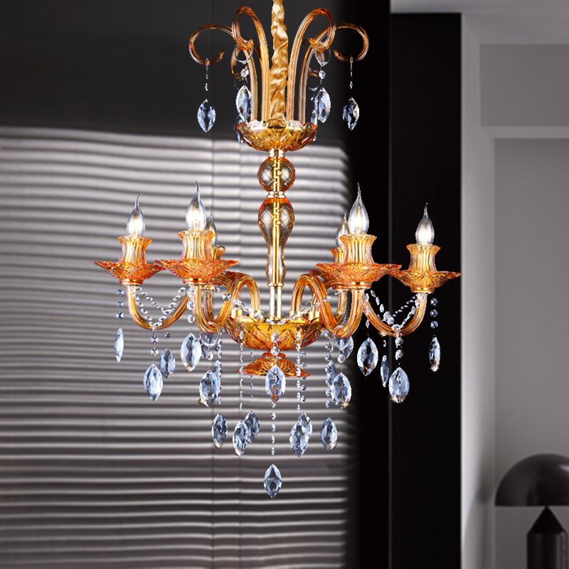 Gold Candle Chandelier Lighting Traditional Prism Glass 6 Heads Dining Room Hanging Lamp with Crystal Drip