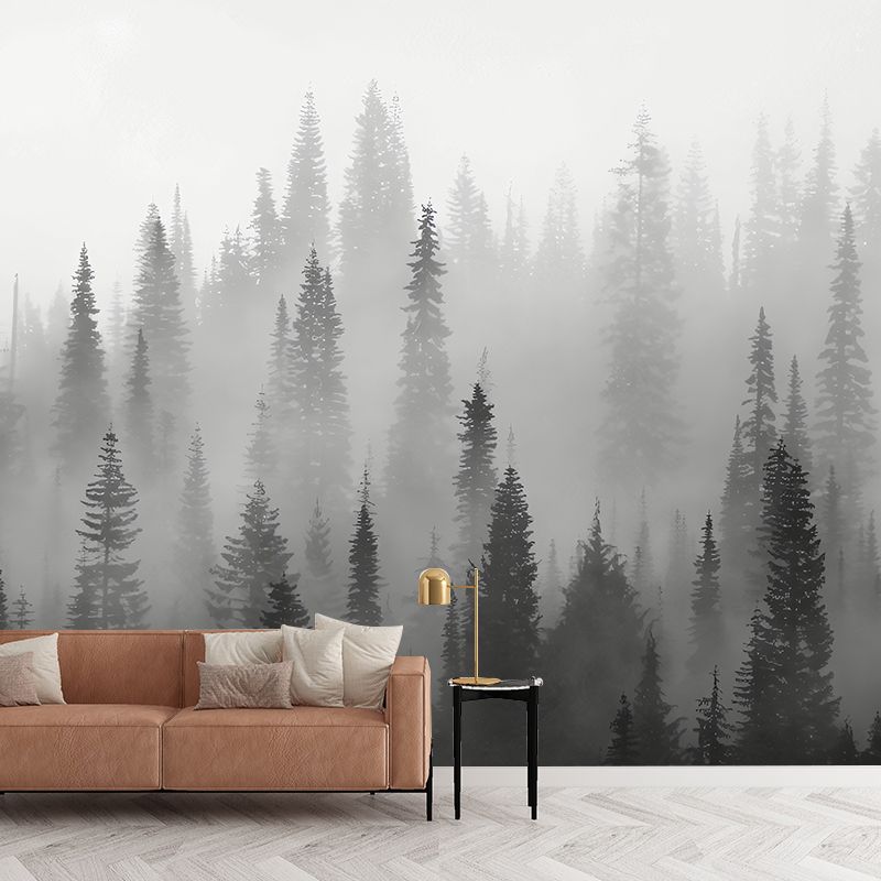 Enormous Misty Trees Wall Mural in Grey Non-Woven Wall Covering for Home Decor, Custom-Printed