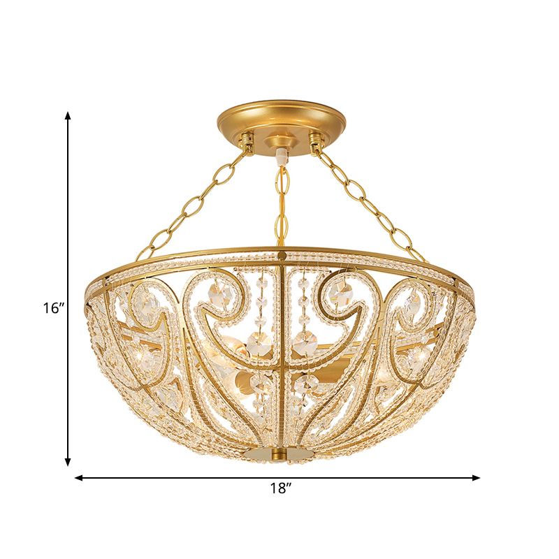 Schüsselform Schlafzimmer Flush Mount Lampe Kristall 1 Licht zeitgenössische Halbmontagebeleuchtung in Gold