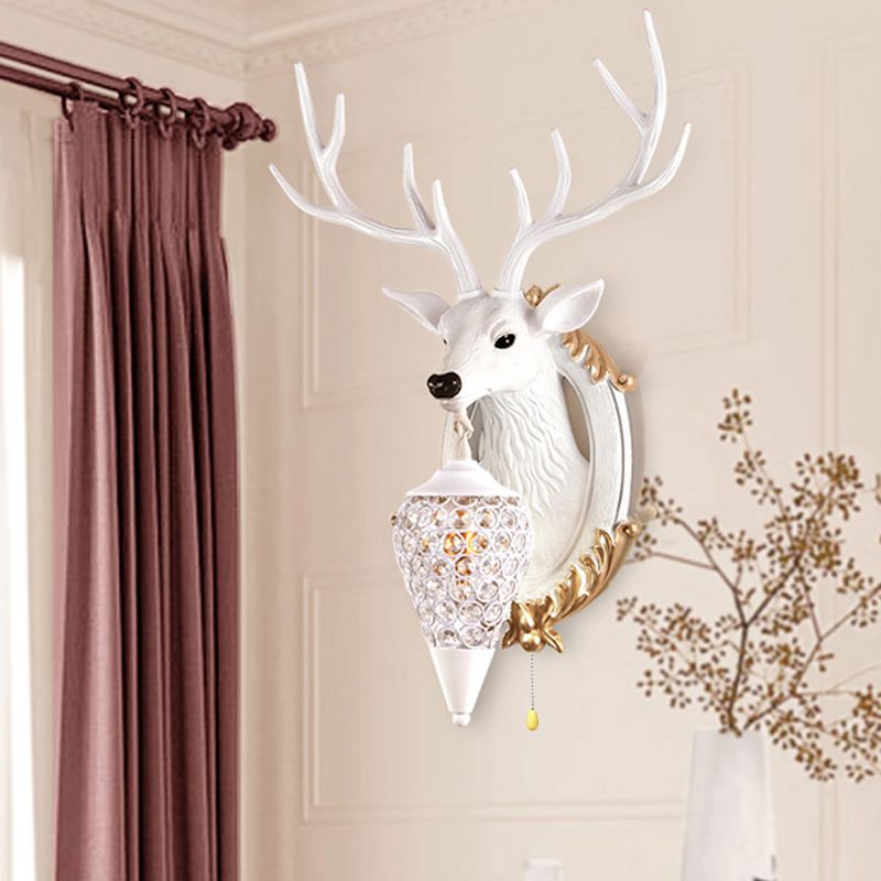 16"/18.5" W Rustic Droplet Sconce Lamp 1 Bulb Crystal Wall Mounted Light in Silver/White/Wood with Deer Resin Backplate