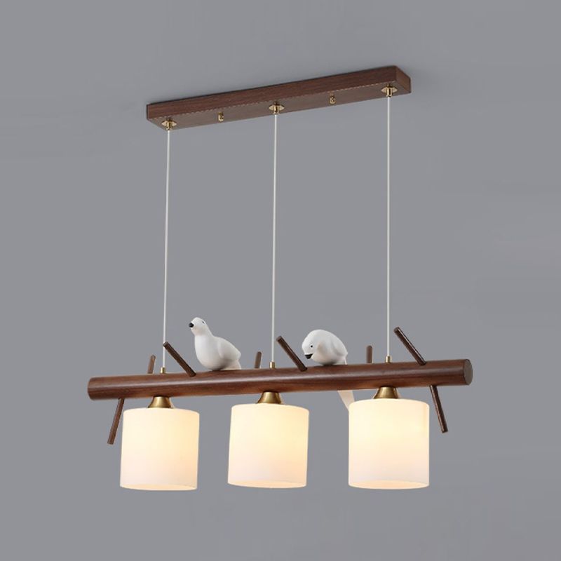 Wood Modern Pendant Light Cylinder Shape Island Light with Glass Shade for Living Room