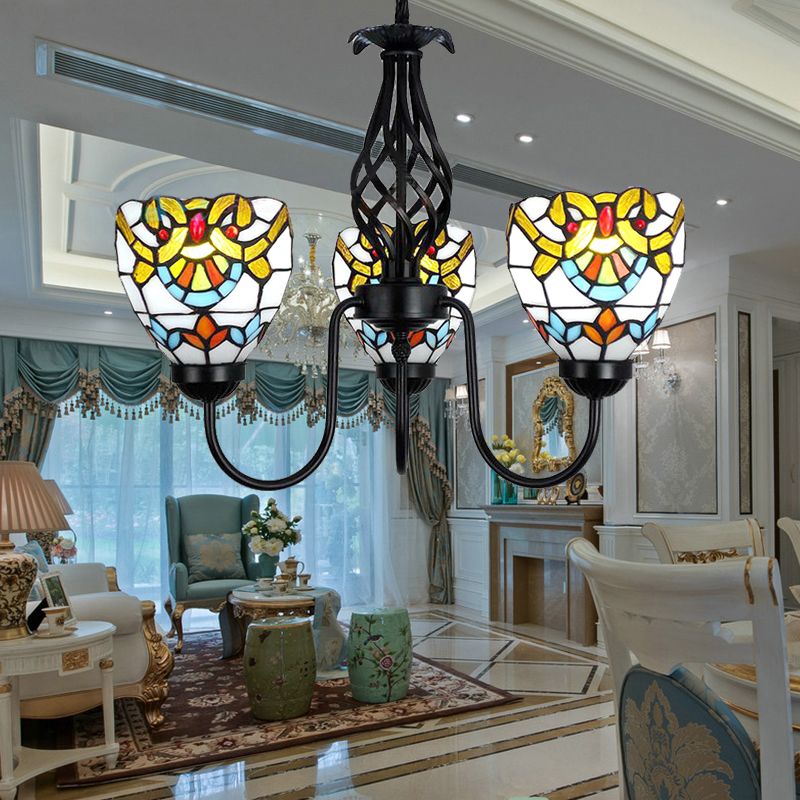 Baroque Bowl Pendant Lighting Stained Glass Ceiling Chandelier Light with Adjustable Chain in Black Finish