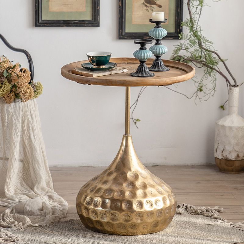Round Wood Distressed Coffee Table Metal Pedestal Cocktail Table