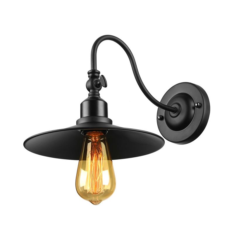 Schwarzes Finish Flared Leuchtenbeleuchtung mit Schwanenhals -Arm -Loft -Stil Metal 1 Lampe Esszimmer Wandleuchte
