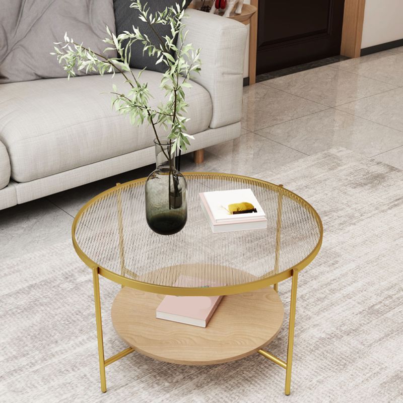 Round Glass Cross Legs Coffee Cocktail Table with Storage Shelf - 17.7" H
