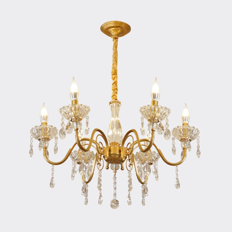 Candle Living Room Pendant Lamp Modern Faceted Crystal 6/8 Bulbs Gold Finish Hanging Chandelier