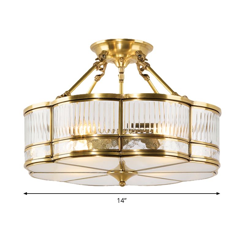 Fleur de verre givré semi-flush monte Light Colonial 3 lumières Corridor plafonnier Aménagement avec cadre métallique en laiton