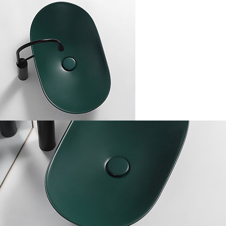 Modern Vessel Bathroom Sink Porcelain Oval with Pop-Up Drain and Faucet Vessel Sink
