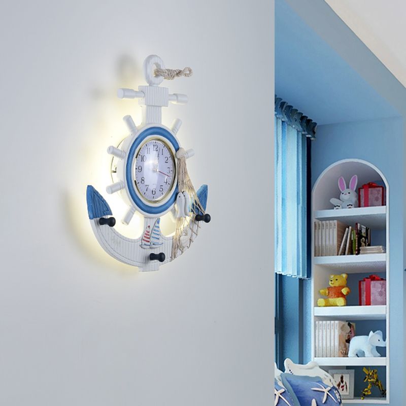 Metal Anchor Wall Sconce Light Children Style LED White Wall Mounted Lamp with Clock Design in Warm/White Light